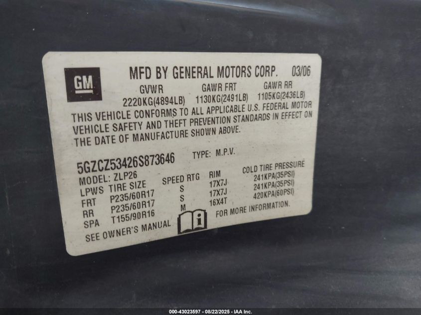 2006 Saturn Vue V6 VIN: 5GZCZ53426S873646 Lot: 43023597