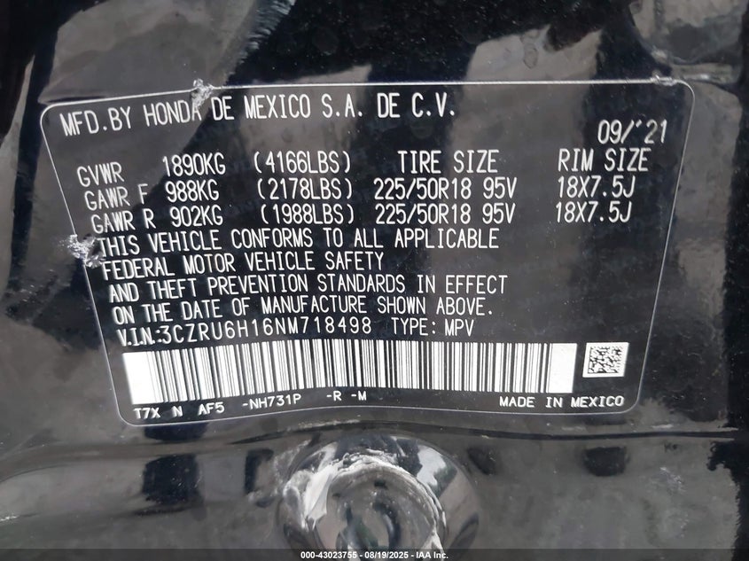 2022 HONDA HR-V AWD SPORT 3CZRU6H16NM718498