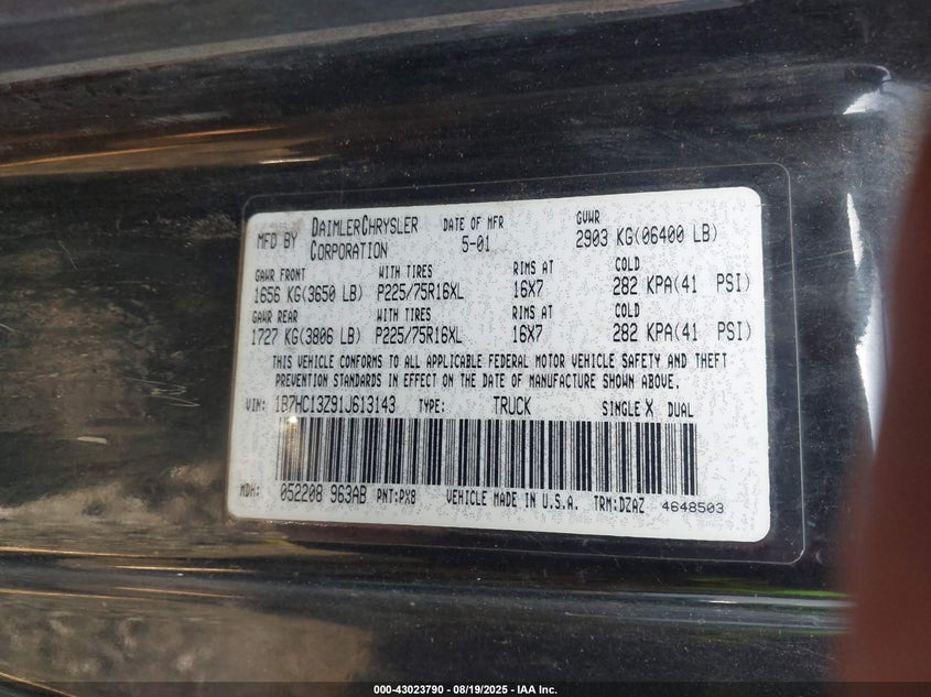 2001 Dodge Ram 1500 St VIN: 1B7HC13Z91J613143 Lot: 43023790