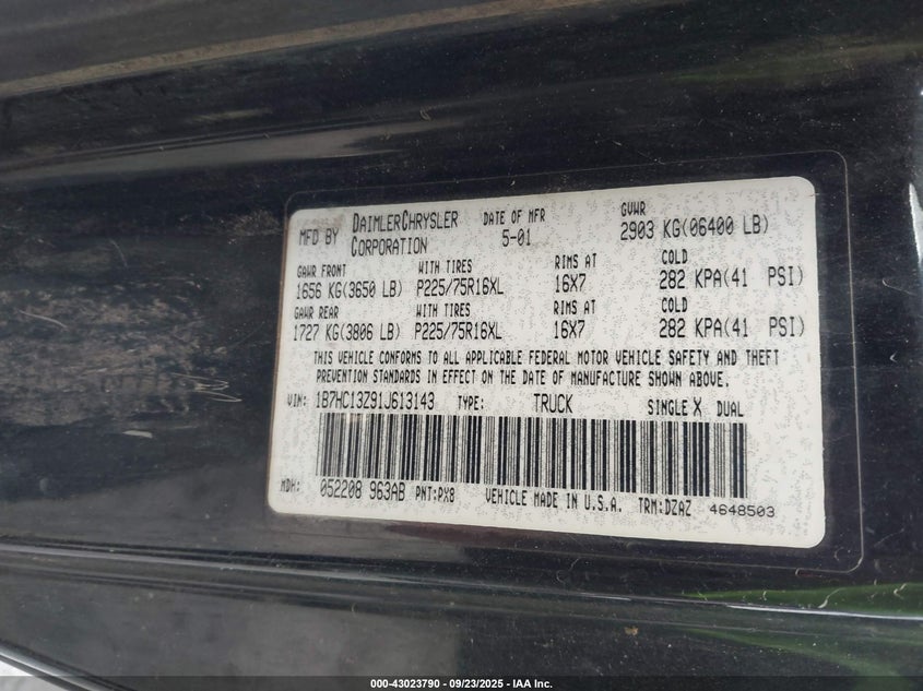 2001 Dodge Ram 1500 St VIN: 1B7HC13Z91J613143 Lot: 43023790