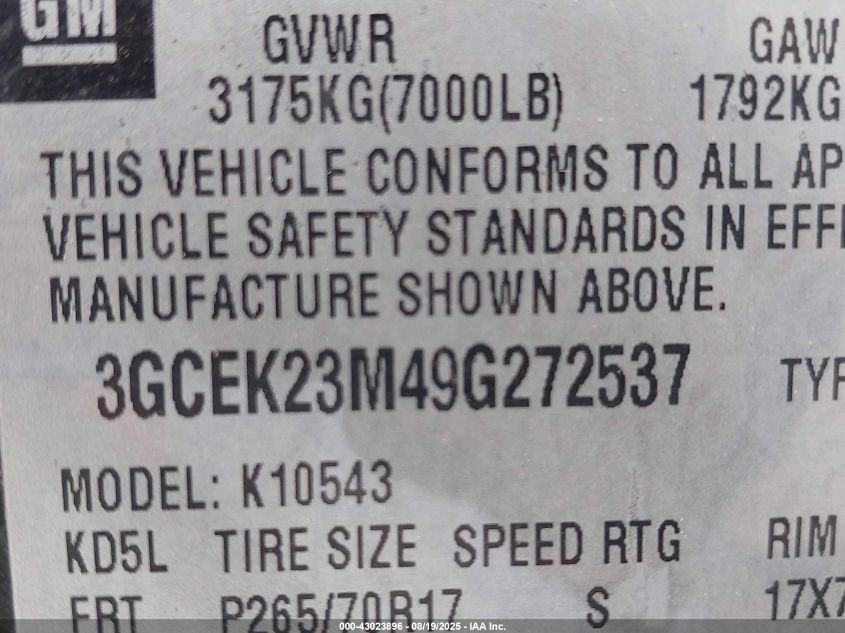 2009 Chevrolet Silverado 1500 Lt VIN: 3GCEK23M49G272537 Lot: 43023896