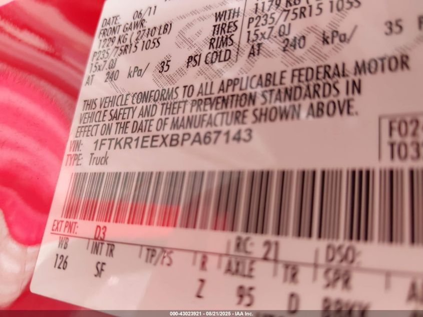 2011 Ford Ranger Sport VIN: 1FTKR1EEXBPA67143 Lot: 43023921