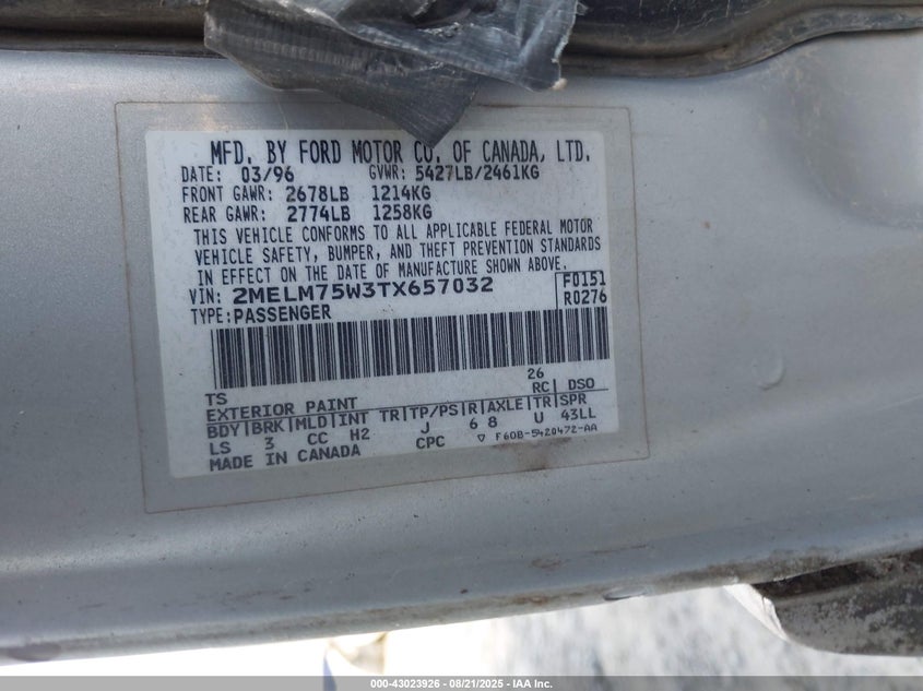 1996 Mercury Grand Marquis Ls/Bayshore VIN: 2MELM75W3TX657032 Lot: 43023926