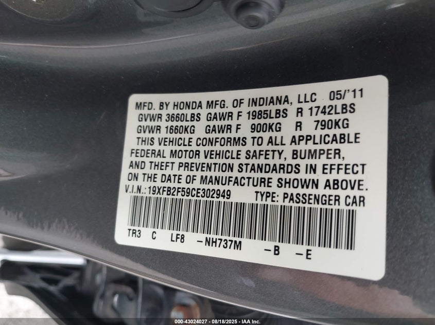 2012 Honda Civic Lx VIN: 19XFB2F59CE302949 Lot: 43024027