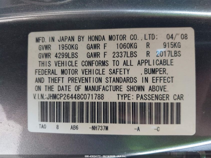 2008 Honda Accord 2.4 Lx-P VIN: JHMCP26448C071788 Lot: 43024172