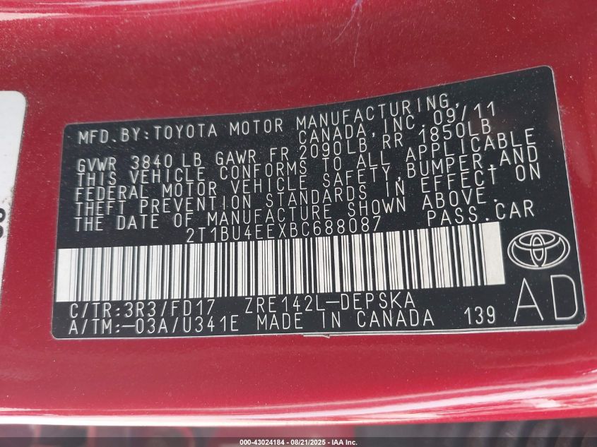 2011 Toyota Corolla S VIN: 2T1BU4EEXBC688087 Lot: 43024184