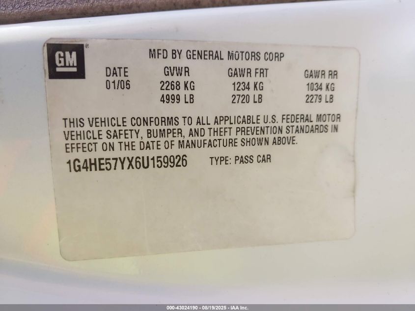 2006 Buick Lucerne Cxs VIN: 1G4HE57YX6U159926 Lot: 43024190