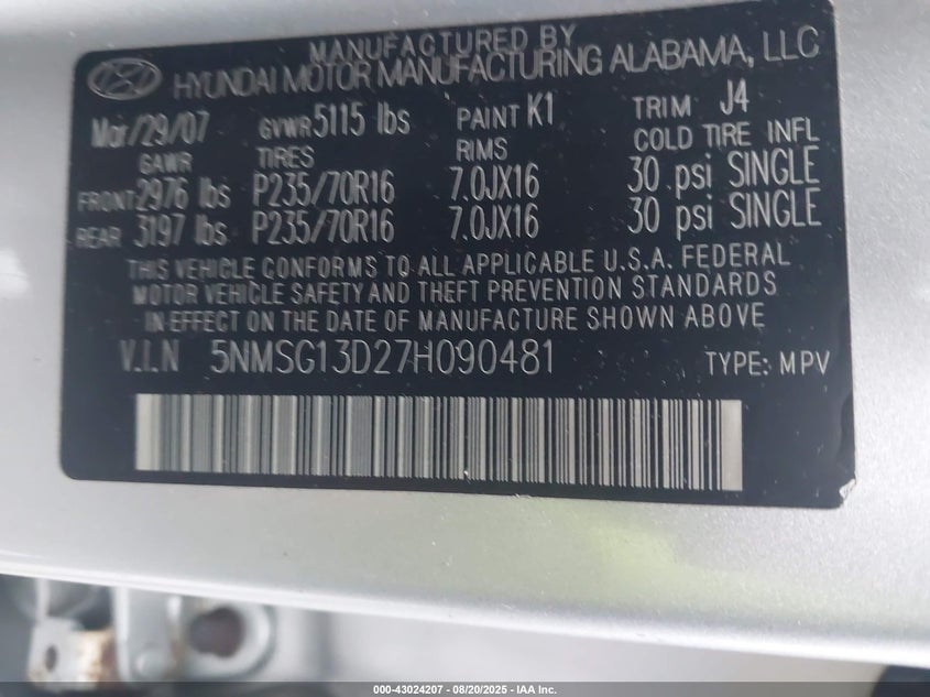 2007 Hyundai Santa Fe Gls VIN: 5NMSG13D27H090481 Lot: 43024207