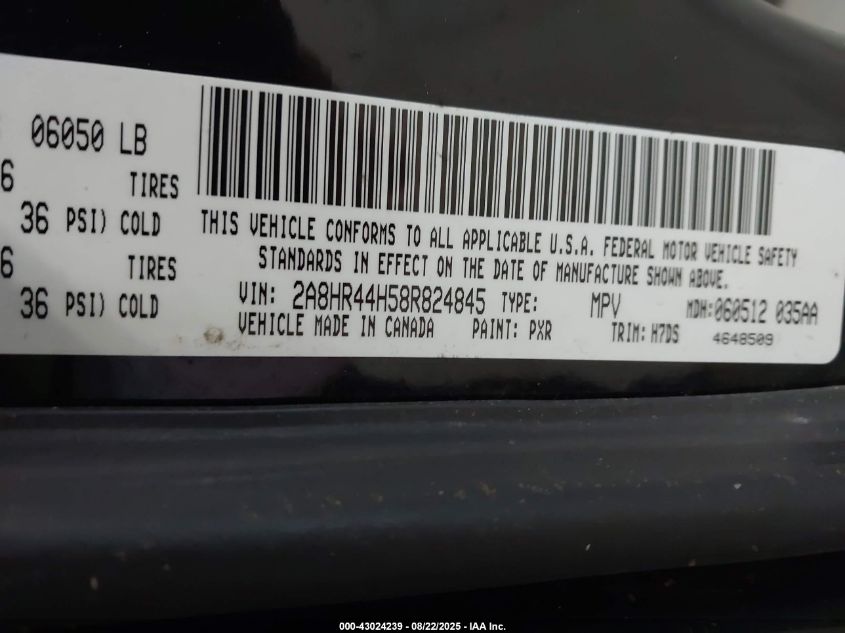 2008 Chrysler Town & Country Lx VIN: 2A8HR44H58R824845 Lot: 43024239