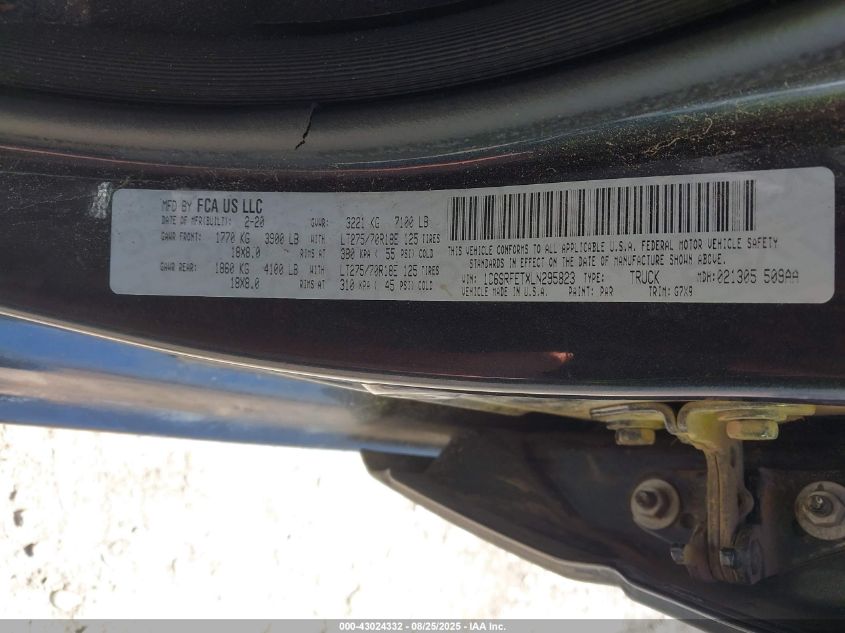 2020 Ram 1500 Rebel 4X4 6'4 Box VIN: 1C6SRFETXLN295823 Lot: 43024332