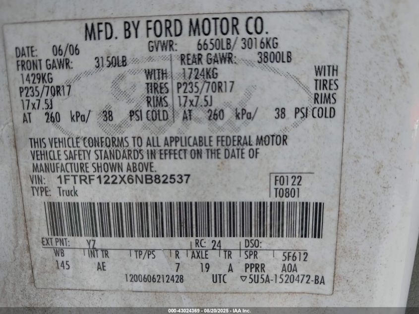 2006 Ford F-150 Stx/Xl/Xlt VIN: 1FTRF122X6NB82537 Lot: 43024369