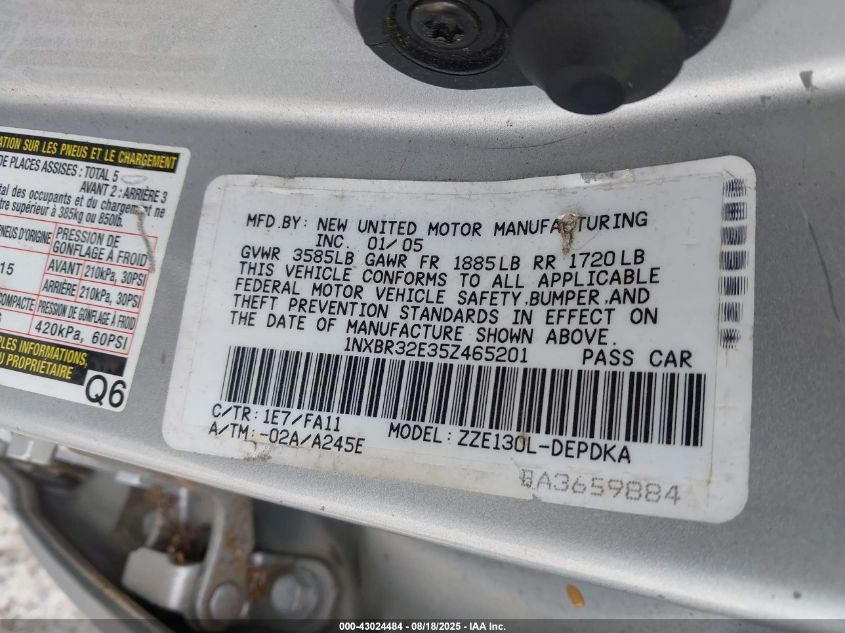 2005 Toyota Corolla Ce VIN: 1NXBR32E35Z465201 Lot: 43024484