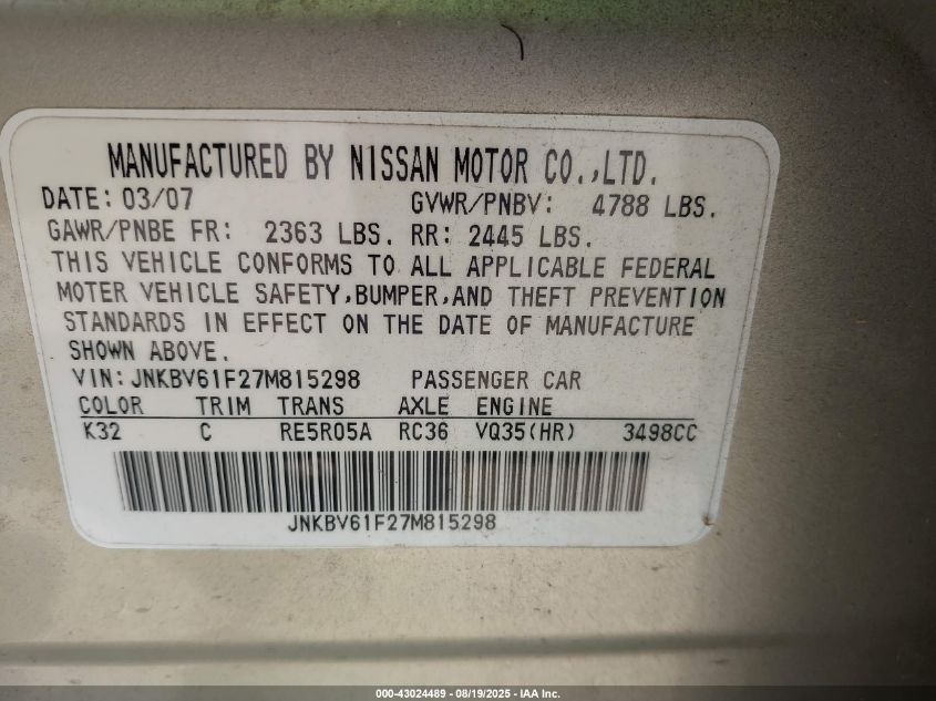 2007 Infiniti G35X VIN: JNKBV61F27M815298 Lot: 43024489