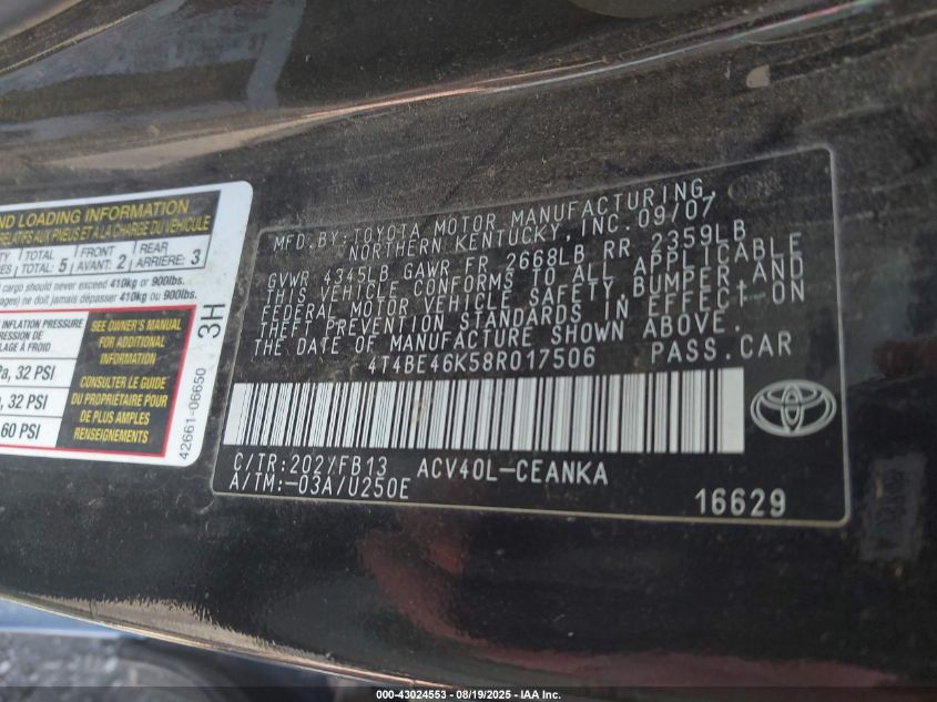 2008 Toyota Camry Le VIN: 4T4BE46K58R017506 Lot: 43024553