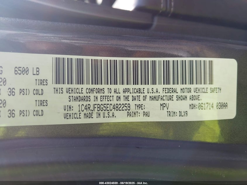 2014 Jeep Grand Cherokee Limited VIN: 1C4RJFBG5EC482259 Lot: 43024559