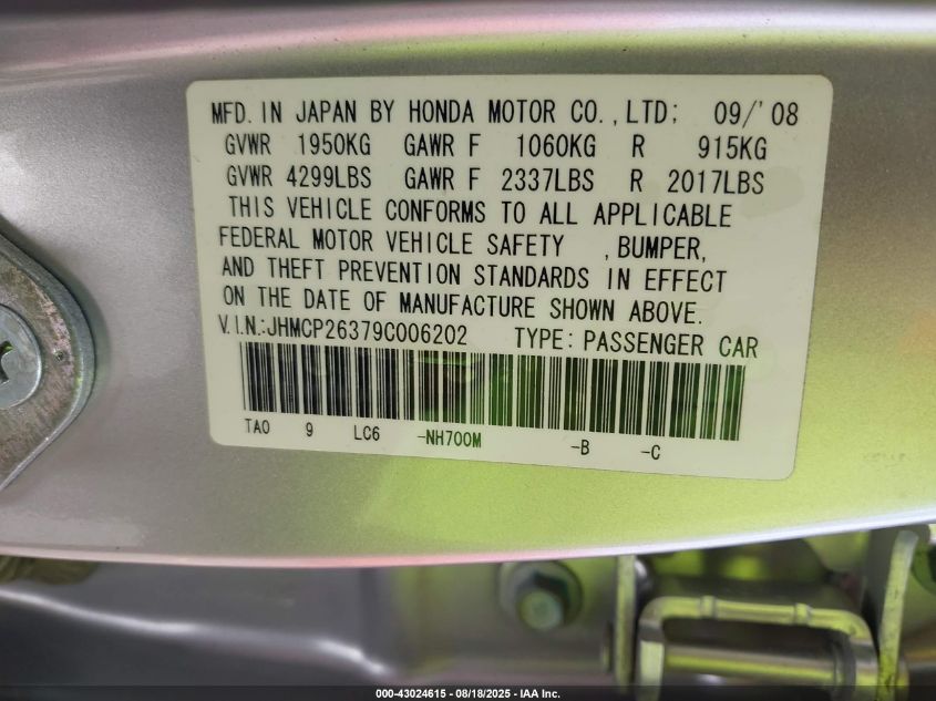 2009 Honda Accord 2.4 Lx VIN: JHMCP26379C006202 Lot: 43024615