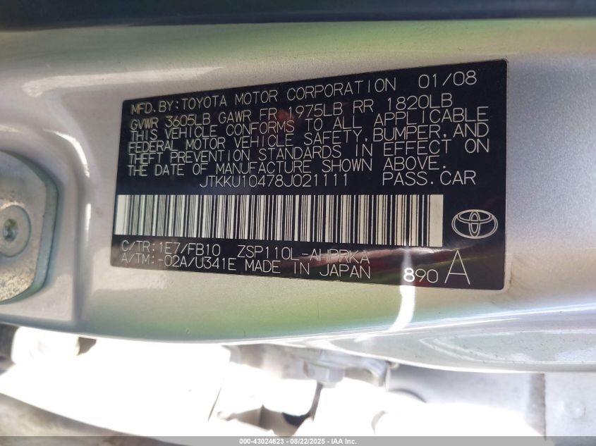 2008 Scion Xd VIN: JTKKU10478J021111 Lot: 43024623