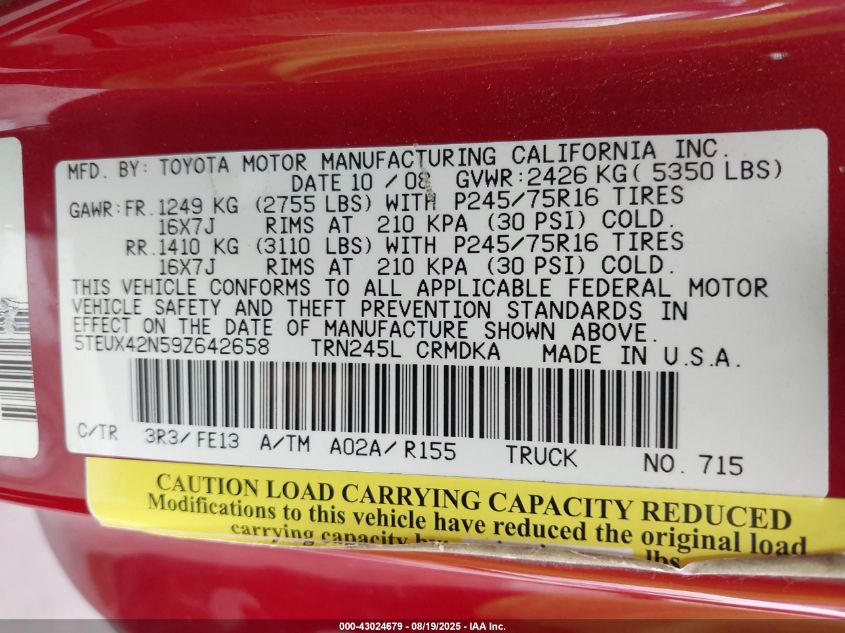 2009 Toyota Tacoma VIN: 5TEUX42N59Z642658 Lot: 43024679