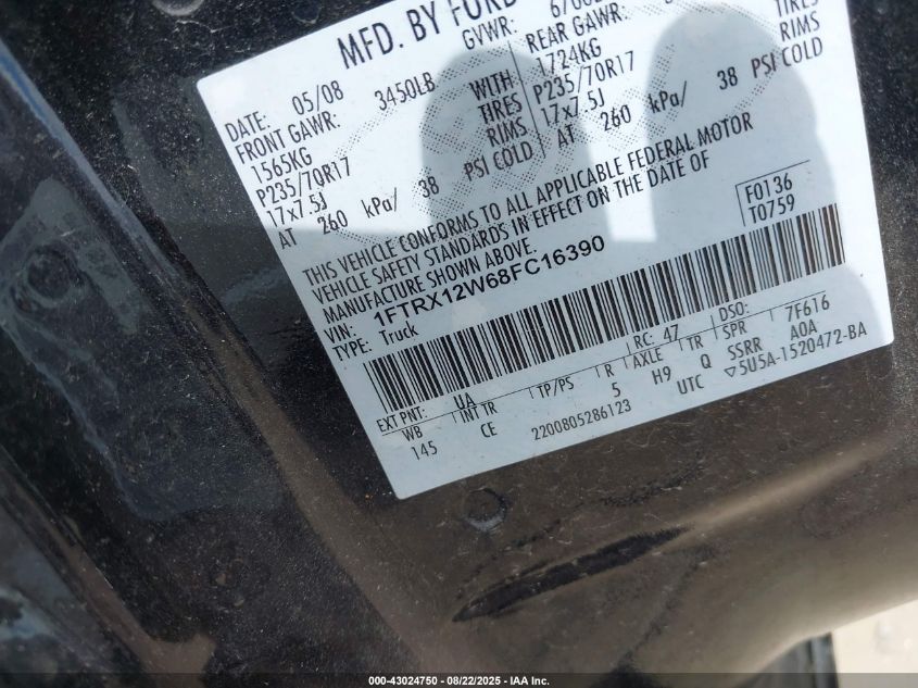 2008 Ford F-150 Fx2/Stx/Xl/Xlt VIN: 1FTRX12W68FC16390 Lot: 43024750