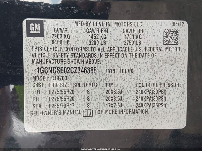 2012 Chevrolet Silverado 1500 Lt VIN: 1GCNCSE02CZ346388 Lot: 43024777