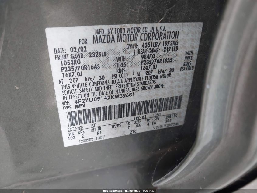 2002 Mazda Tribute Es V6/Lx V6 VIN: 4F2YU09142KM39681 Lot: 43024835