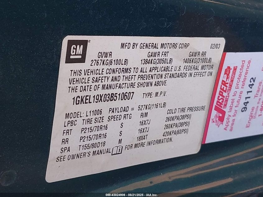 2003 GMC Safari Xt VIN: 1GKEL19X03B510607 Lot: 43024906