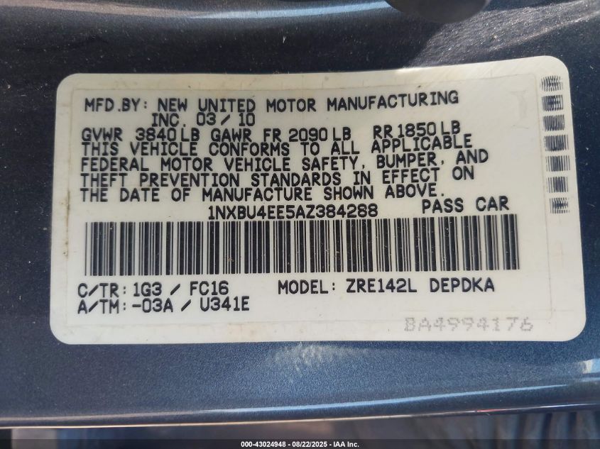 2010 Toyota Corolla Le VIN: 1NXBU4EE5AZ384288 Lot: 43024948