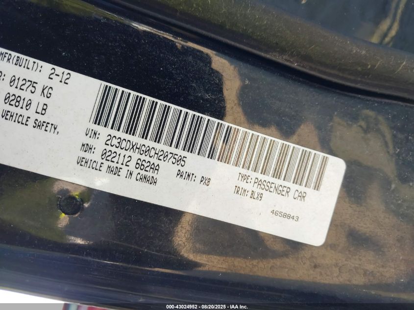 2012 Dodge Charger Sxt VIN: 2C3CDXHG0CH207505 Lot: 43024952