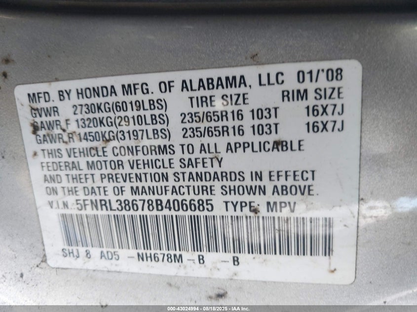 2008 Honda Odyssey Ex-L VIN: 5FNRL38678B406685 Lot: 43024994