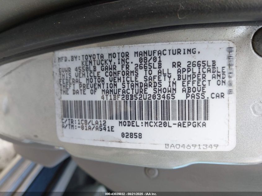 2002 Toyota Avalon Xls VIN: 4T1BF28B52U203465 Lot: 43025032