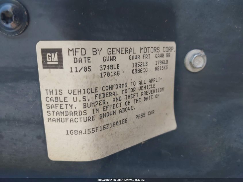 2006 Saturn Ion 2 VIN: 1G8AJ55F16Z160186 Lot: 43025106