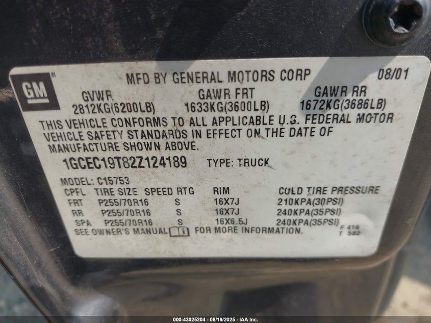 2002 Chevrolet Silverado 1500 Ls VIN: 1GCEC19T82Z124189 Lot: 43025204