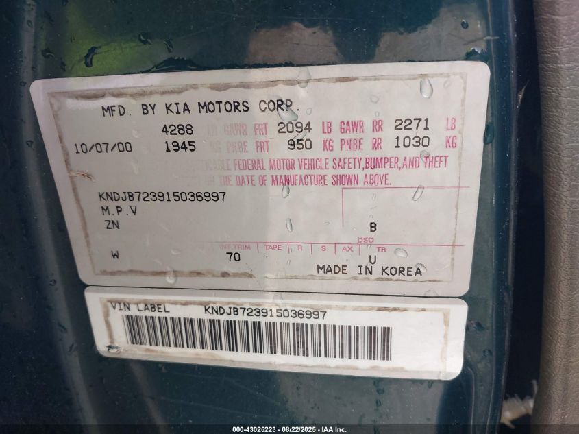 2001 Kia Sportage Ex/Limited VIN: KNDJB723915036997 Lot: 43025223