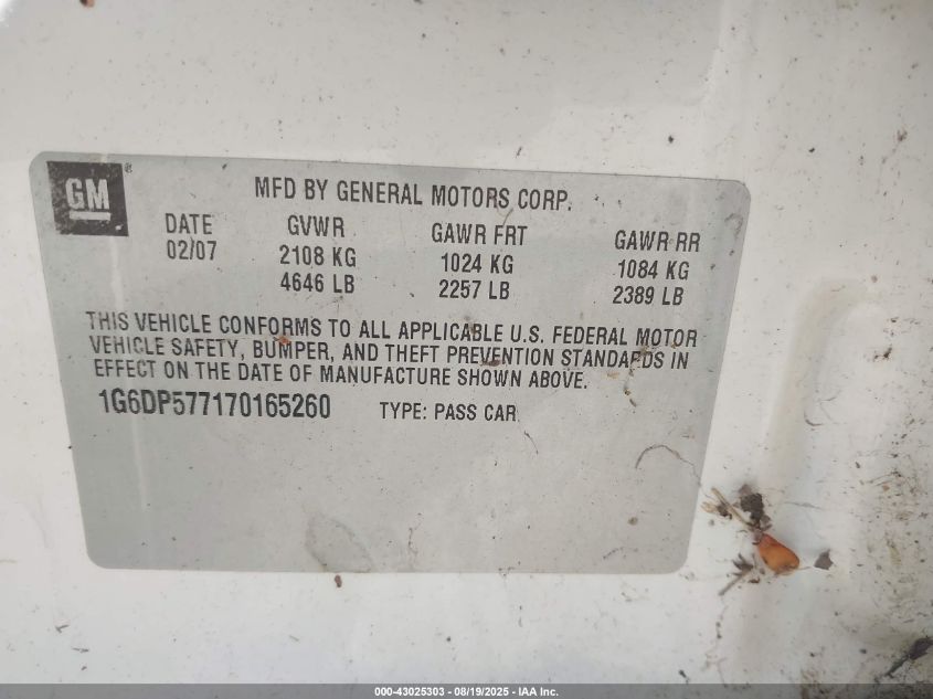 2007 Cadillac Cts Standard VIN: 1G6DP577170165260 Lot: 43025303