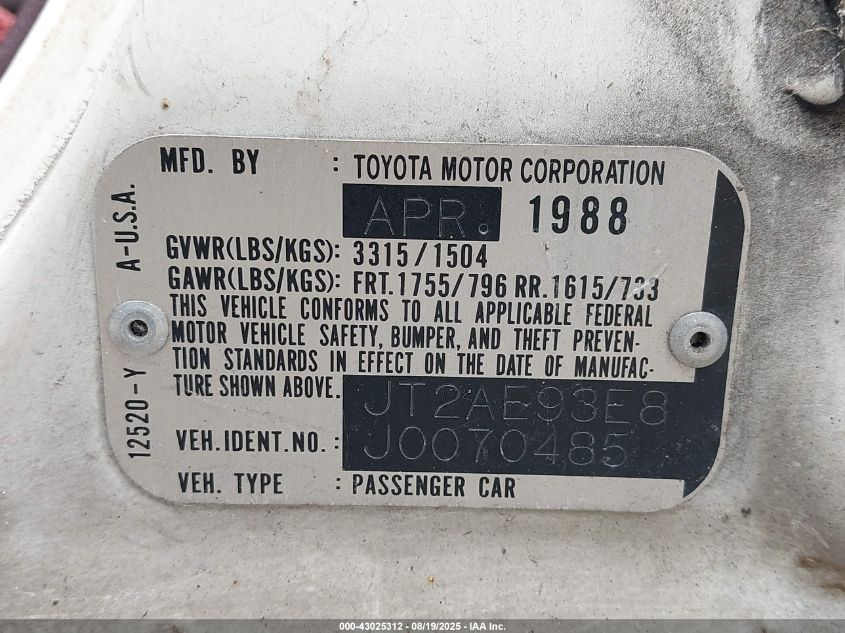 1988 Toyota Corolla Le VIN: JT2AE93E8J0070485 Lot: 43025312