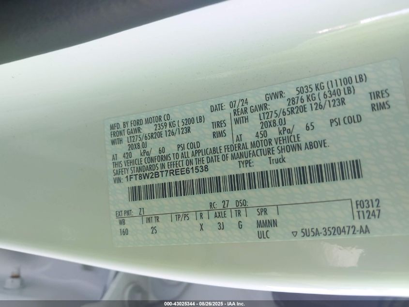 2024 Ford F-250 Xlt VIN: 1FT8W2BT7REE61538 Lot: 43025344