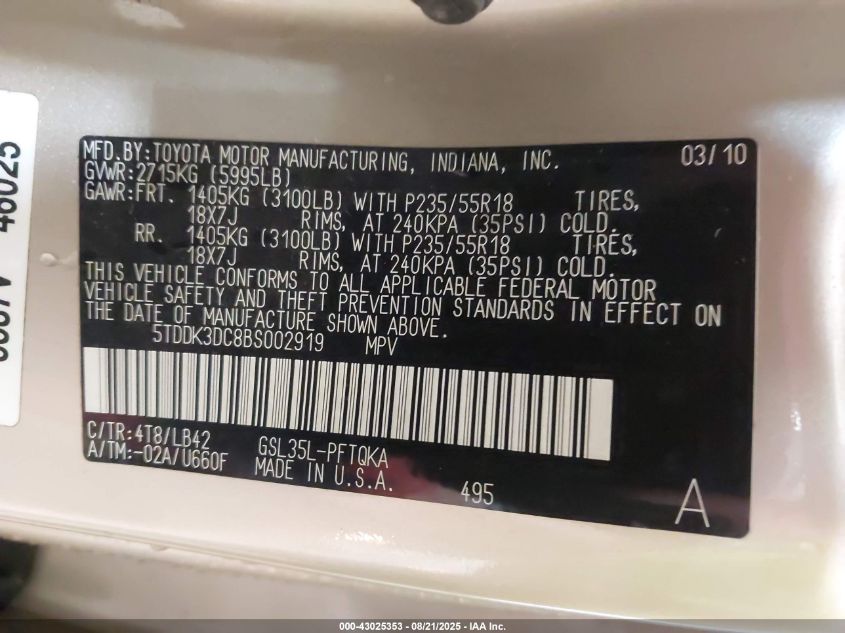 2011 Toyota Sienna Xle VIN: 5TDDK3DC8BS002919 Lot: 43025353