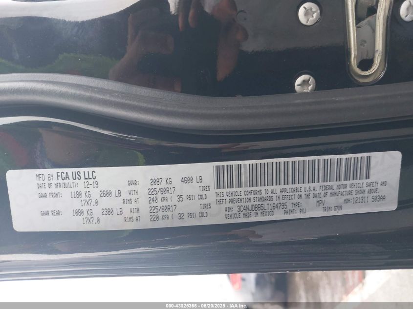 2020 Jeep Compass Latitude 4X4 VIN: 3C4NJDBB5LT164795 Lot: 43025366