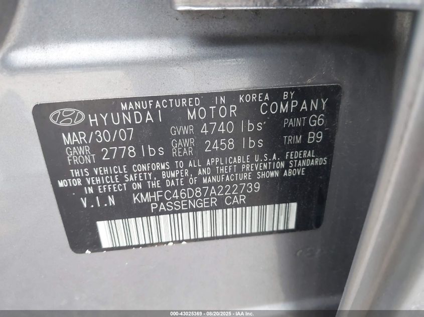 2007 Hyundai Azera Gls VIN: KMHFC46D87A222739 Lot: 43025369