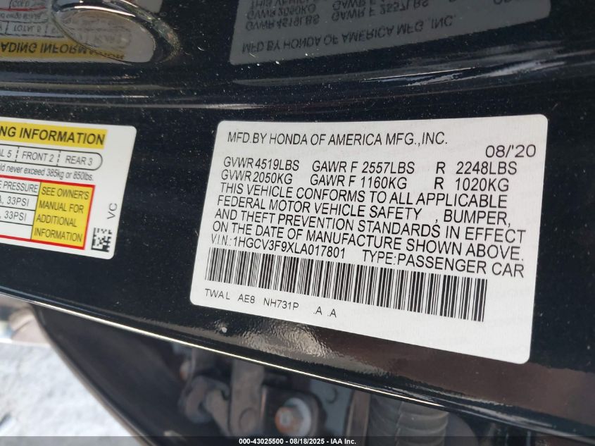 2020 Honda Accord Hybrid Touring VIN: 1HGCV3F9XLA017801 Lot: 43025500