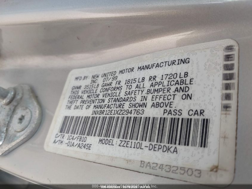 1999 Toyota Corolla Ce VIN: 1NXBR12E1XZ294763 Lot: 43025544