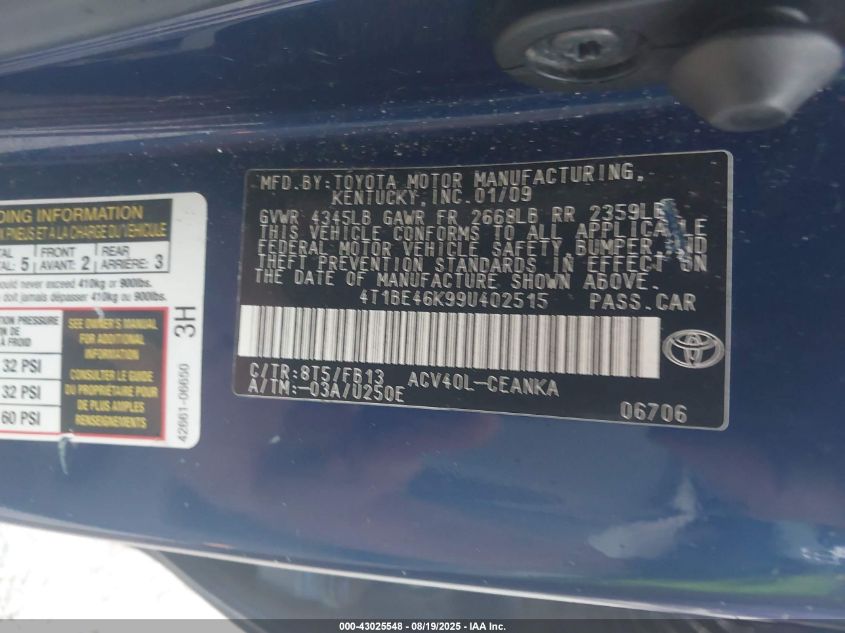 2009 Toyota Camry VIN: 4T1BE46K99U402515 Lot: 43025548
