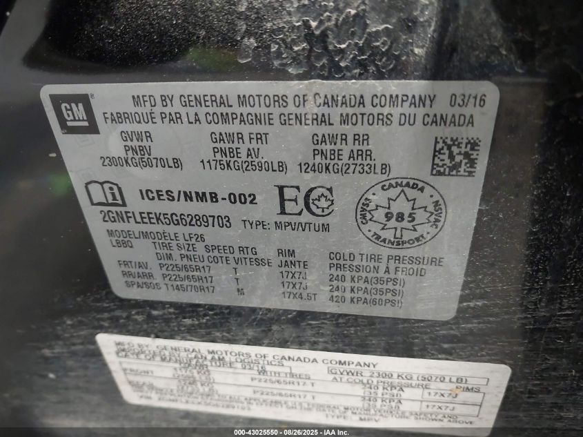 2016 Chevrolet Equinox Ls VIN: 2GNFLEEK5G6289703 Lot: 43025550