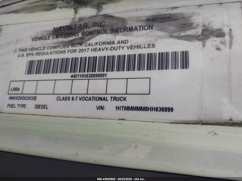 2017 International Durastar 4300 VIN: 1HTMMMMM8HH636899 Lot: 43025580