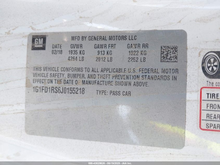 2018 Chevrolet Camaro 2Lt VIN: 1G1FD1RS6J0155218 Lot: 43025626