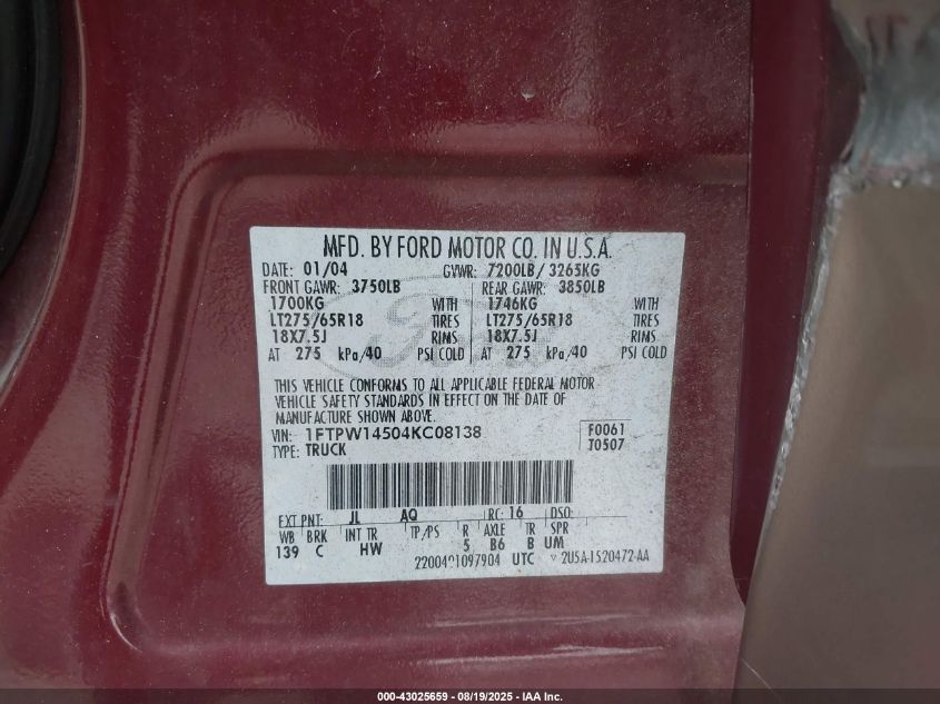 2004 Ford F-150 Fx4/Lariat/Xlt VIN: 1FTPW14504KC08138 Lot: 43025659