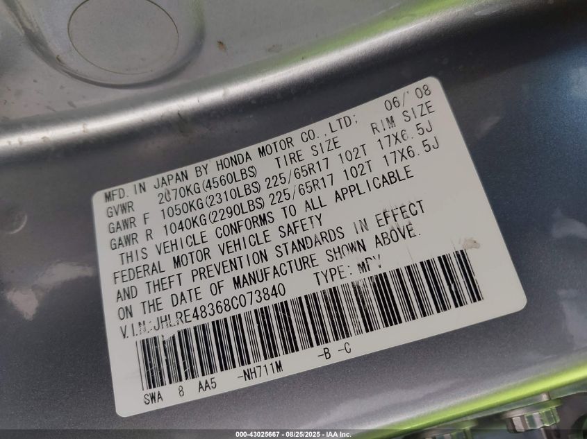 2008 Honda Cr-V Lx VIN: JHLRE48368C073840 Lot: 43025667