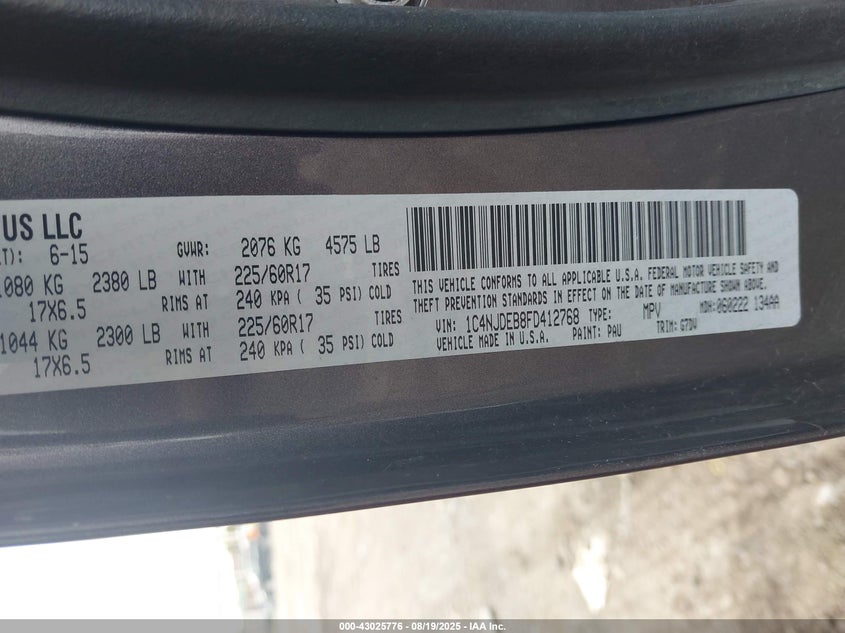 2015 JEEP COMPASS LATITUDE - 1C4NJDEB8FD412768