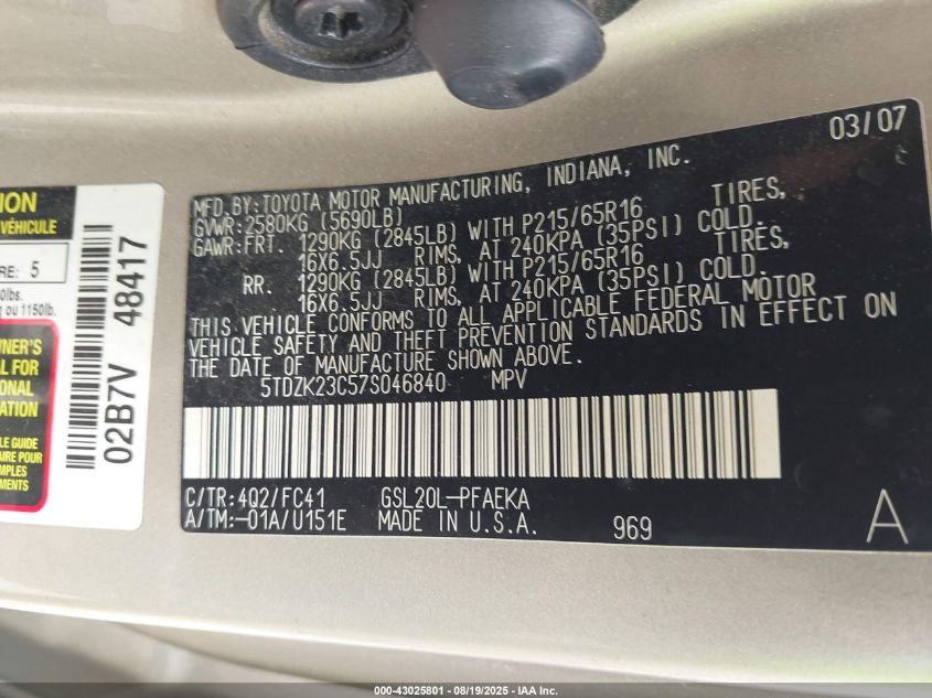 2007 Toyota Sienna Le VIN: 5TDZK23C57S046840 Lot: 43025801