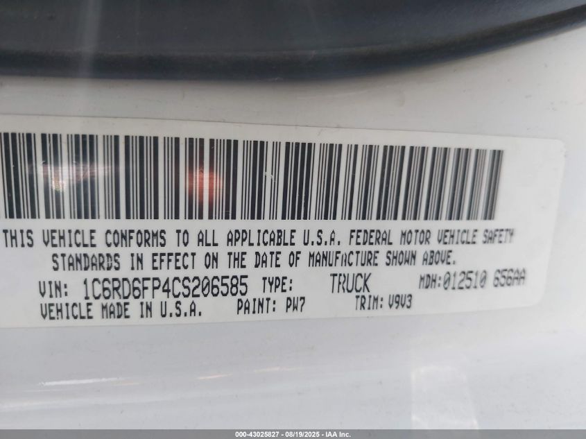 2012 Ram 1500 St VIN: 1C6RD6FP4CS206585 Lot: 43025827
